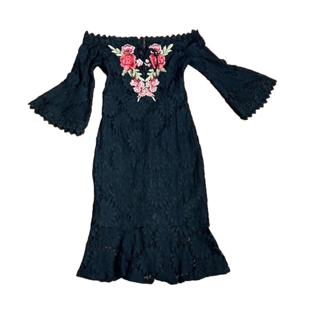 Lulumari LBD Black Lace with Floral Embroidery Dress